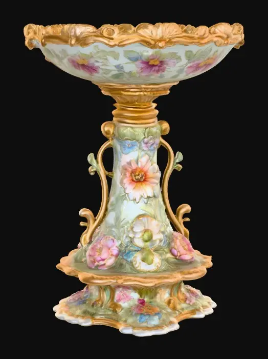 3D model for An elaborately designed pestal with a small bowl shapped base on top. The pedestal sits on a 3 inch base plate. The entire design is a masterpiece of art comprised of lush botanical, florals. Elements of Rocco, art nuevo era. Colors representing the victorian era.