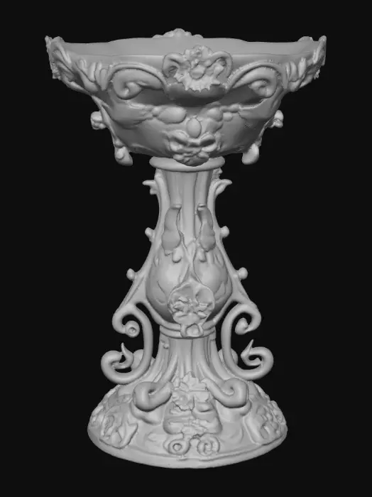 3D model for An elaborately designed pestal with a small bowl shapped base on top. The pedestal sits on a 3 inch base plate. The entire design is a masterpiece of art comprised of lush botanical, florals. Elements of Rocco, art nuevo era. Colors representing the victorian era.