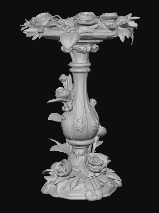 3D model for An elaborately designed pestal with a small bowl shapped base on top. The pedestal sits on a 3 inch base plate. The entire design is a masterpiece of art comprised of lush botanical, florals. Elements of Rocco, art nuevo era. Colors representing the victorian era.