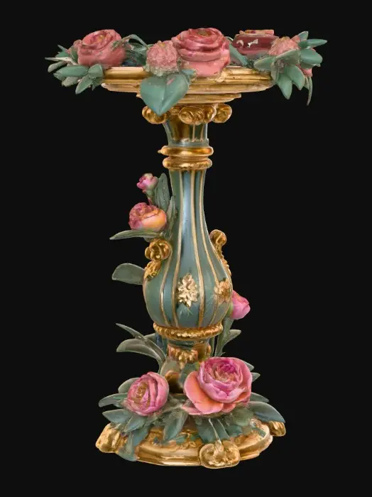 3D model for An elaborately designed pestal with a small bowl shapped base on top. The pedestal sits on a 3 inch base plate. The entire design is a masterpiece of art comprised of lush botanical, florals. Elements of Rocco, art nuevo era. Colors representing the victorian era.