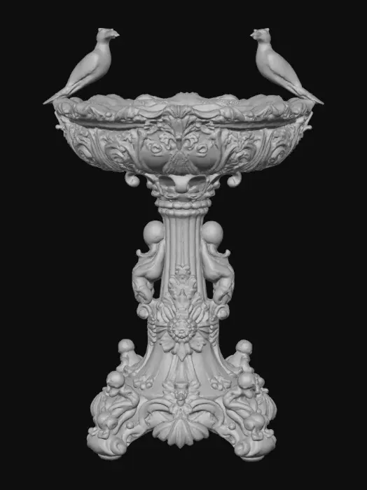3D model for An elaborately designed pestal with a small bowl shapped base on top. The pedestal sits on a 3 inch base plate. The entire design is a masterpiece of art comprised of lush botanical, florals, cherubs and birds. Elements of Rocco, art nuevo era. Colors representing the victorian era.