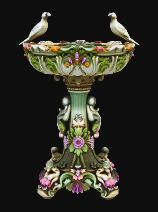 3D model for An elaborately designed pestal with a small bowl shapped base on top. The pedestal sits on a 3 inch base plate. The entire design is a masterpiece of art comprised of lush botanical, florals, cherubs and birds. Elements of Rocco, art nuevo era. Colors representing the victorian era.