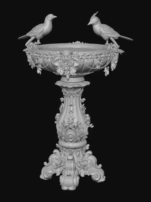 3D model for An elaborately designed pestal with a small bowl shapped base on top. The pedestal sits on a 3 inch base plate. The entire design is a masterpiece of art comprised of lush botanical, florals, cherubs and birds. Elements of Rocco, art nuevo era. Colors representing the victorian era.