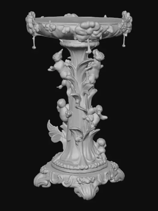 3D model for An elaborately designed pestal with a small bowl shapped base on top. The pedestal sits on a 3 inch base plate. The entire design is a masterpiece of art comprised of lush botanical, florals, cherubs and birds. Elements of Rocco, art nuevo era. Colors representing the victorian era.