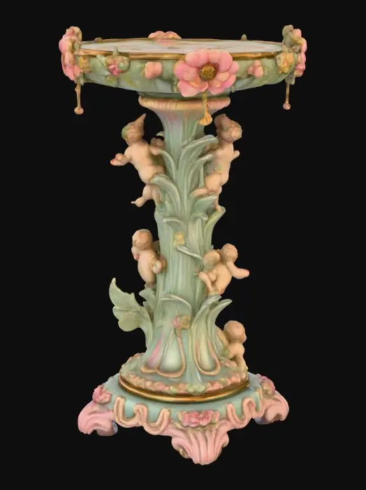 3D model for An elaborately designed pestal with a small bowl shapped base on top. The pedestal sits on a 3 inch base plate. The entire design is a masterpiece of art comprised of lush botanical, florals, cherubs and birds. Elements of Rocco, art nuevo era. Colors representing the victorian era.