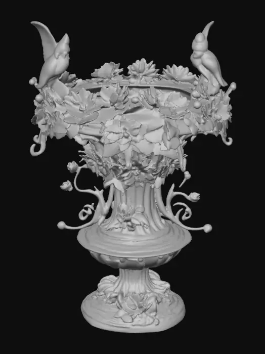 3D model for An elaborately designed pestal with a small bowl shapped base on top. The pedestal sits on a 3 inch base plate. The entire design is a masterpiece of art comprised of lush botanical, florals, cherubs and birds. Elements of Rocco, art nuevo era. Colors representing the victorian era.