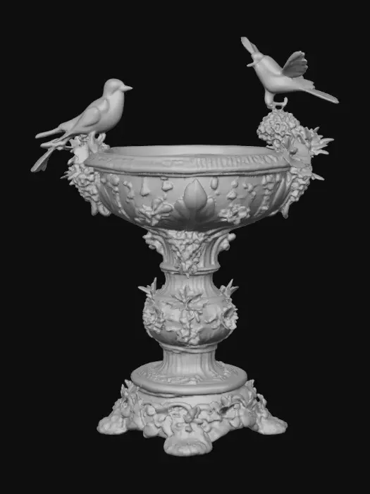 3D model for An elaborately designed pestal with a small bowl shapped base on top. The pedestal sits on a 3 inch base plate. The entire design is a masterpiece of art comprised of lush botanical, florals, cherubs and birds. Elements of Rocco, art nuevo era. Colors representing the victorian era.