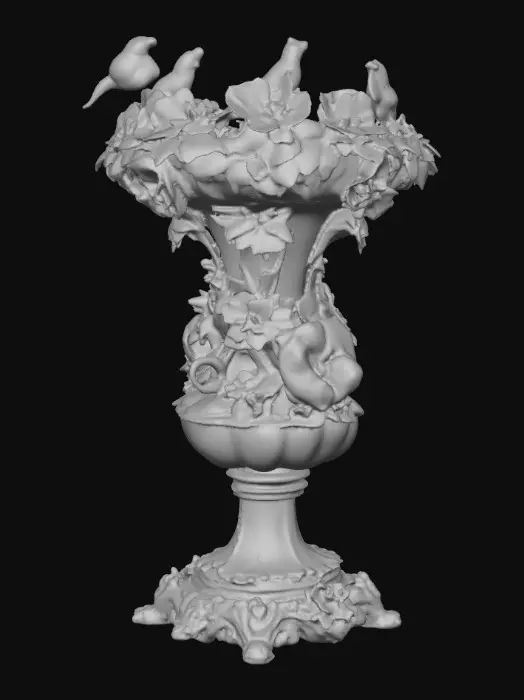 3D model for An elaborately designed pestal with a small bowl shapped base on top. The pedestal sits on a 3 inch base plate. The entire design is a masterpiece of art comprised of lush botanical, florals, cherubs and birds. Elements of Rocco, art nuevo era. Colors representing the victorian era.
