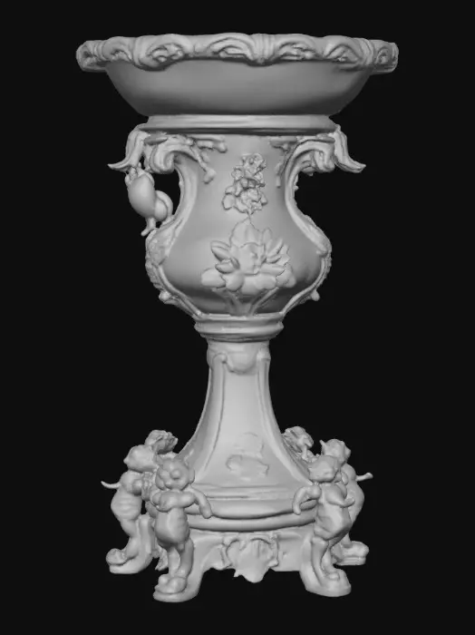3D model for An elaborately designed pestal with a small bowl shapped base on top. The pedestal sits on a 3 inch base plate. The entire design is a masterpiece of art comprised of lush botanical, florals, cherubs and birds. Elements of Rocco, art nuevo era. Colors representing the victorian era.