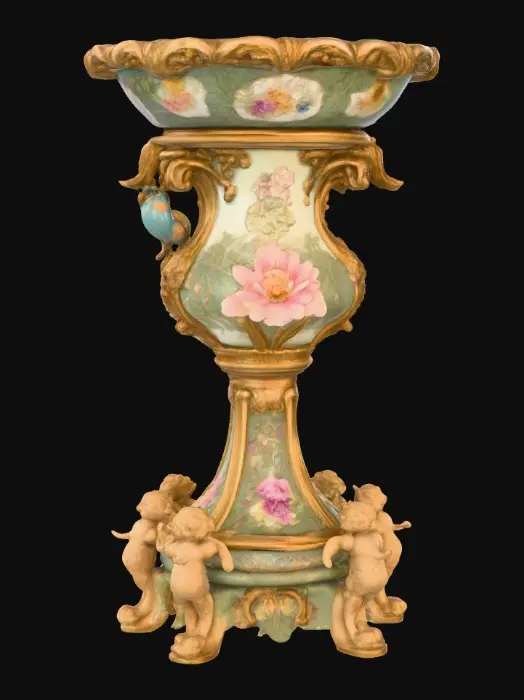 3D model for An elaborately designed pestal with a small bowl shapped base on top. The pedestal sits on a 3 inch base plate. The entire design is a masterpiece of art comprised of lush botanical, florals, cherubs and birds. Elements of Rocco, art nuevo era. Colors representing the victorian era.