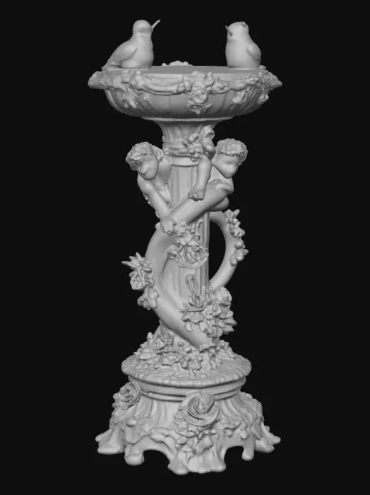 3D model for An elaborately designed pestal with a small bowl shapped base on top. The pedestal sits on a 3 inch base plate. The entire design is a masterpiece of art comprised of lush botanical, florals, cherubs and birds. Elements of Rocco, art nuevo era. Colors representing the victorian era.
