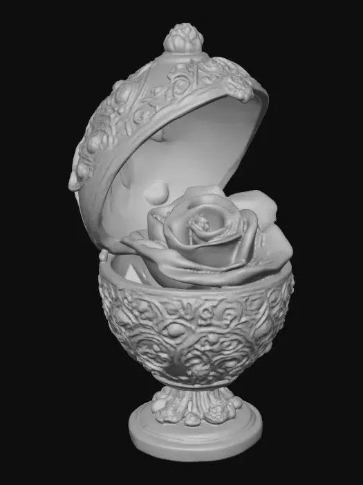 3D model for A very detailed and elborately decorated faberge egg that opens from the middle to show a very detailed and elegant rose the egg has an eleborate and elegant base , hyper-realistic  #Thanksgiving#