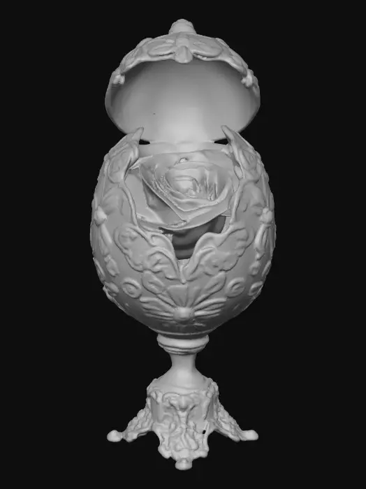 3D model for A very detailed and elborately decorated faberge egg that opens from the middle to show a very detailed and elegant rose the egg has an eleborate and elegant base , hyper-realistic  #Thanksgiving#