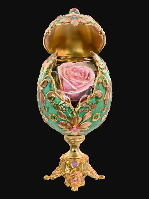 3D model for A very detailed and elborately decorated faberge egg that opens from the middle to show a very detailed and elegant rose the egg has an eleborate and elegant base , hyper-realistic  #Thanksgiving#