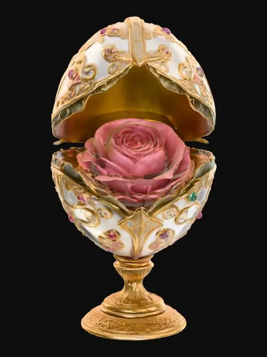 3D model for A very detailed and elborately decorated faberge egg that opens from the middle to show a very detailed and elegant rose the egg has an eleborate and elegant base , hyper-realistic  #Thanksgiving#