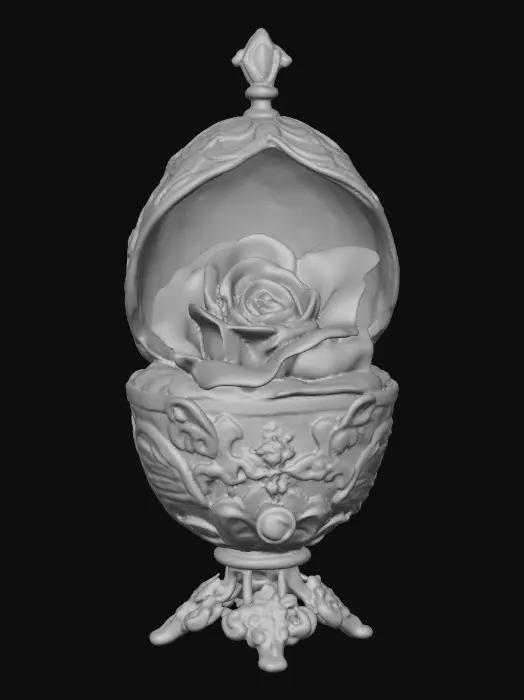 3D model for A very detailed and elborately decorated faberge egg that opens from the middle to show a very detailed and elegant rose the egg has an eleborate and elegant base , hyper-realistic  #Thanksgiving#