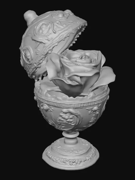 3D model for A very detailed and elborately decorated faberge egg that opens from the middle to show a very detailed and elegant rose the egg has an eleborate and elegant base , hyper-realistic  #Thanksgiving#