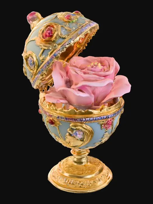 3D model for A very detailed and elborately decorated faberge egg that opens from the middle to show a very detailed and elegant rose the egg has an eleborate and elegant base , hyper-realistic  #Thanksgiving#