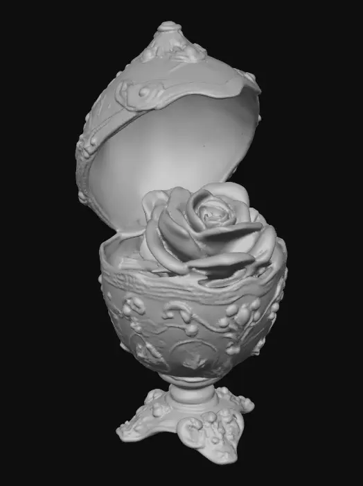 3D model for A very detailed and elborately decorated faberge egg that opens from the middle to show a very detailed and elegant rose the egg has an eleborate and elegant base , hyper-realistic  #Thanksgiving#