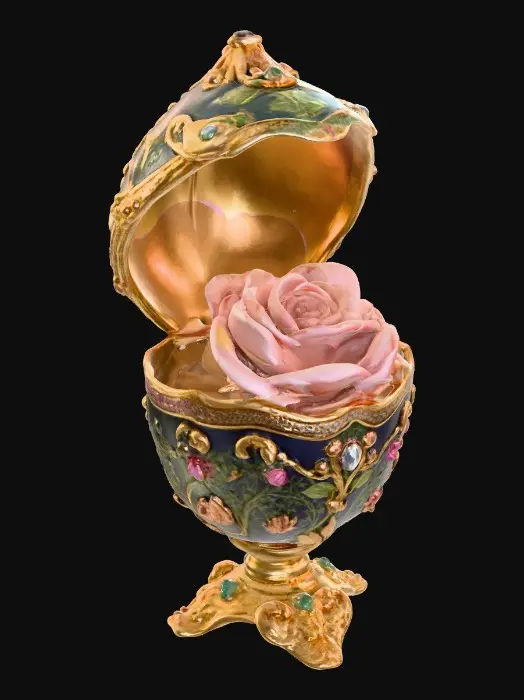 3D model for A very detailed and elborately decorated faberge egg that opens from the middle to show a very detailed and elegant rose the egg has an eleborate and elegant base , hyper-realistic  #Thanksgiving#