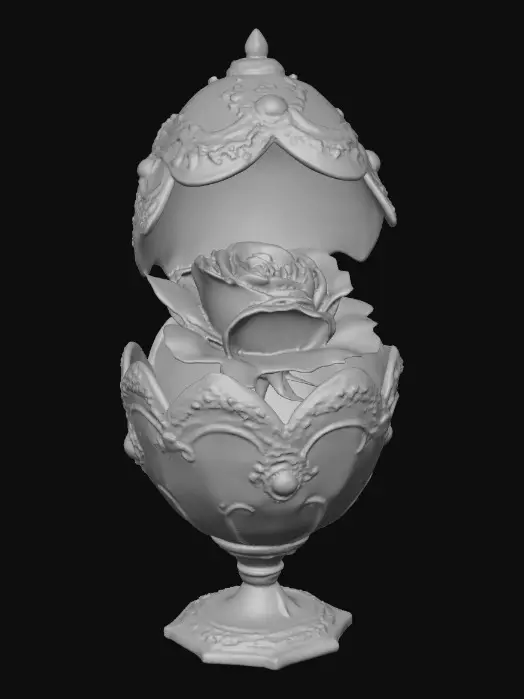 3D model for A very detailed and elborately decorated faberge egg that opens from the middle to show a very detailed and elegant rose the egg has an eleborate and elegant base , hyper-realistic  #Thanksgiving#