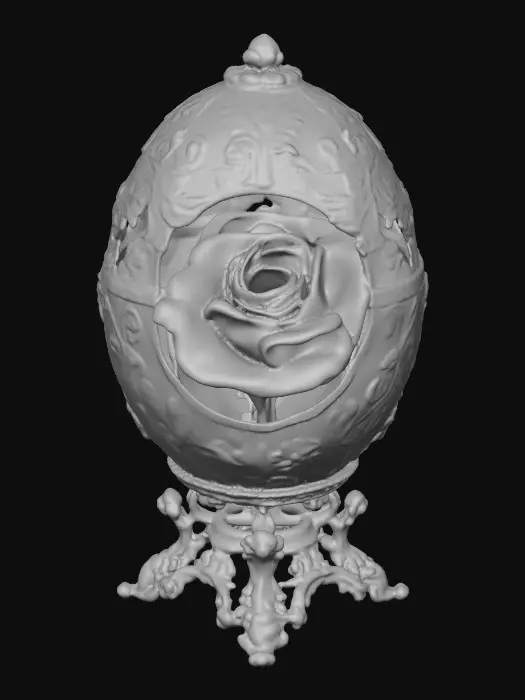 3D model for A very detailed and elborately decorated faberge egg that opens from the middle to show a very detailed and elegant rose the egg has an eleborate and elegant base , hyper-realistic  #Thanksgiving#