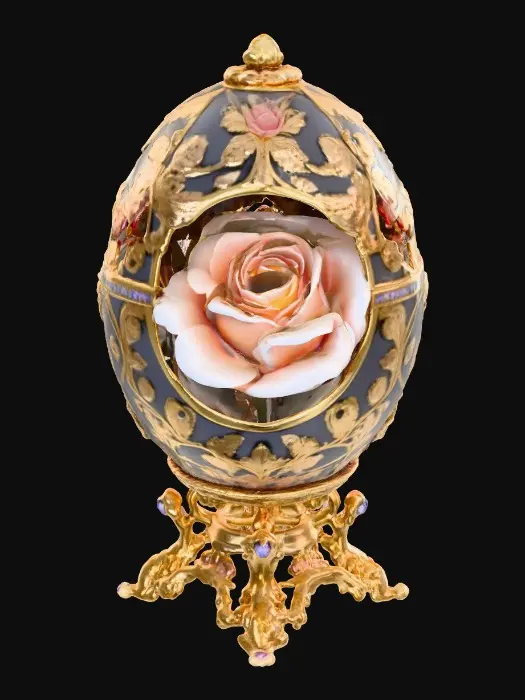 3D model for A very detailed and elborately decorated faberge egg that opens from the middle to show a very detailed and elegant rose the egg has an eleborate and elegant base , hyper-realistic  #Thanksgiving#