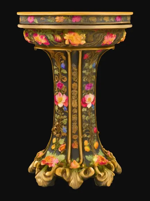 3D model for Very Ornate, round , Pedestal, small indentation in the center of the top surface. flowers with vines, early French Rocco influences, full colors, Vintage gold #Thanksgiving#