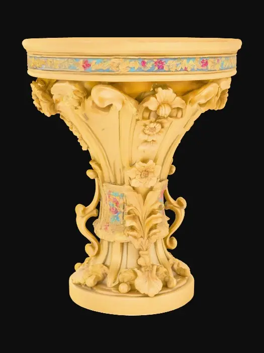 3D model for Very Ornate, round , Pedestal, small indentation in the center of the top surface. flowers with vines, early French Rocco influences, full colors, Vintage gold #Thanksgiving#