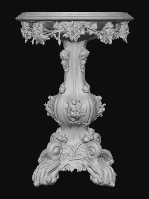 3D model for Very Ornate, round , Pedestal, small indentation in the center of the top surface. flowers with vines, early French Rocco influences, full colors, Vintage gold #Thanksgiving#