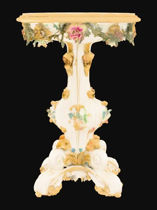 3D model for Very Ornate, round , Pedestal, small indentation in the center of the top surface. flowers with vines, early French Rocco influences, full colors, Vintage gold #Thanksgiving#