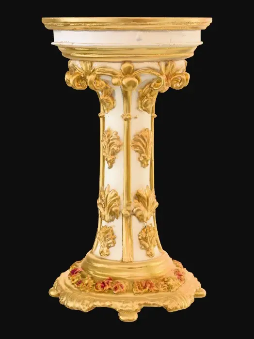 3D model for Very Ornate, round , Pedestal, small indentation in the center of the top surface. flowers with vines, early French Rocco influences, full colors, Vintage gold #Thanksgiving#