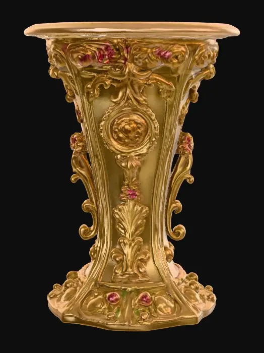 3D model for Very Ornate, round , Pedestal, small indentation in the center of the top surface. flowers with vines, early French Rocco influences, full colors, Vintage gold #Thanksgiving#