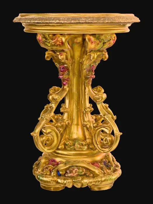 3D model for Very Ornate, round , Pedestal, small indentation in the center of the top surface. flowers with vines, early French Rocco influences, full colors, Vintage gold #Thanksgiving#
