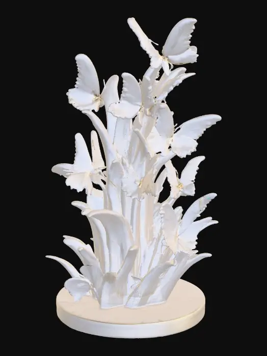 3D model for A pedestal base made up using 3  An extremely detailed, iridescent ivory circular pedestal formed by elaborately embossed butterflies, each of equal height and evenly spaced. The pedestal sits on a round base. It features 14 gold highlights. Masterpiece of art. Cinematic lighting, unreal engine rendering, volumetric lighting, octane render, 8k resolution.

, #Thanksgiving#