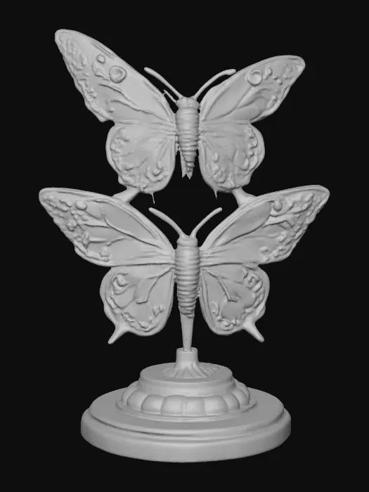 3D model for Three identical, beautifully colored ceramic butterflies, embossed and evenly spaced, and equal height stand wing to wing forming a circular pedestal on a round ceramic base. Vibrant, detailed, and intricate design reminiscent of the ornate designs of Alphonse Mucha and William Morris suitable to be used as an orb stand.