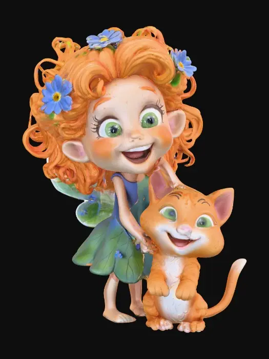 3D model for A 3D clay model of a joyful flower fairy with an expressive, freckled face, and curly bright orange hair with a crown of blue forget-me-not flowers, sitting on a log with a detailed fur, vibrant orange tabby kitten with bigger and rounder bright green eyes. Both the fairy and the kitten are laughing uncontrollably with wide smiles. Cartoon illustration fairytale style with a basket of spilled berries with colorful luminescent colors.