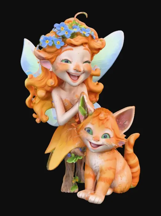 3D model for A 3D clay model of a joyful flower fairy with an expressive, freckled face, and curly bright orange hair with a crown of blue forget-me-not flowers, sitting on a log with a detailed fur, vibrant orange tabby kitten with bigger and rounder bright green eyes. Both the fairy and the kitten are laughing uncontrollably with wide smiles. Cartoon illustration fairytale style with a basket of spilled berries with colorful luminescent colors.