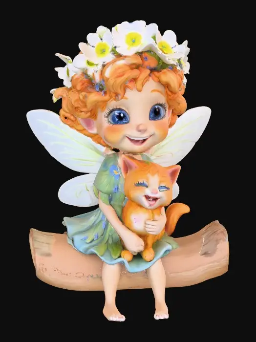 3D model for A 3D clay model of a joyful playful blue eyed flower fairy with an expressive, freckled face, and curly bright orange hair wearing a crown of blue forget-me-not flowers, sitting on a log with a detailed fur, vibrant orange tabby kitten with big round bright green eyes. Both the fairy and the kitten are laughing uncontrollably with wide smiles. Cartoon illustration fairytale style add a round base for the created models