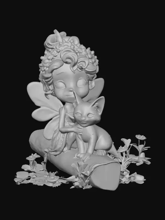 3D model for A 3D clay model of a joyful playful blue eyed flower fairy with an expressive, freckled face, and curly bright orange hair wearing a crown of blue forget-me-not flowers, sitting on a log with a detailed fur, vibrant orange tabby kitten with big round bright green eyes. Both the fairy and the kitten are laughing uncontrollably with wide smiles. Cartoon illustration fairytale style add a round base for the created models