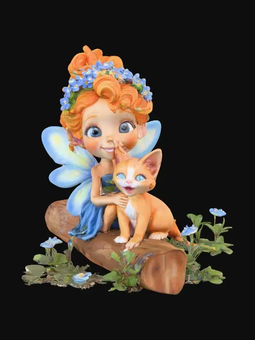 3D model for A 3D clay model of a joyful playful blue eyed flower fairy with an expressive, freckled face, and curly bright orange hair wearing a crown of blue forget-me-not flowers, sitting on a log with a detailed fur, vibrant orange tabby kitten with big round bright green eyes. Both the fairy and the kitten are laughing uncontrollably with wide smiles. Cartoon illustration fairytale style add a round base for the created models