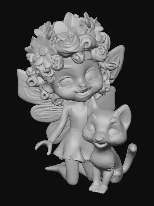 3D model for A 3D clay model of a joyful flower fairy with an expressive, freckled face, and curly bright orange hair with a crown of blue forget-me-not flowers, sitting on a log with a detailed fur, vibrant orange tabby kitten with bigger and rounder bright green eyes. Both the fairy and the kitten are laughing uncontrollably with wide smiles. Cartoon illustration fairytale style with a basket of spilled berries with colorful luminescent colors.