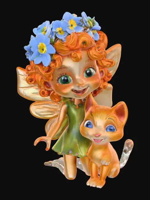 3D model for A 3D clay model of a joyful flower fairy with an expressive, freckled face, and curly bright orange hair with a crown of blue forget-me-not flowers, sitting on a log with a detailed fur, vibrant orange tabby kitten with bigger and rounder bright green eyes. Both the fairy and the kitten are laughing uncontrollably with wide smiles. Cartoon illustration fairytale style with a basket of spilled berries with colorful luminescent colors.