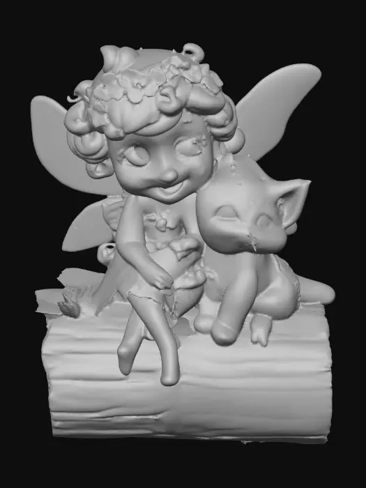 3D model for A 3D clay model of a joyful playful blue eyed flower fairy with an expressive, freckled face, and curly bright orange hair wearing a crown of blue forget-me-not flowers, sitting on a log with a detailed fur, vibrant orange tabby kitten with big round bright green eyes. Both the fairy and the kitten are laughing uncontrollably with wide smiles. Cartoon illustration fairytale style add a round base for the created models