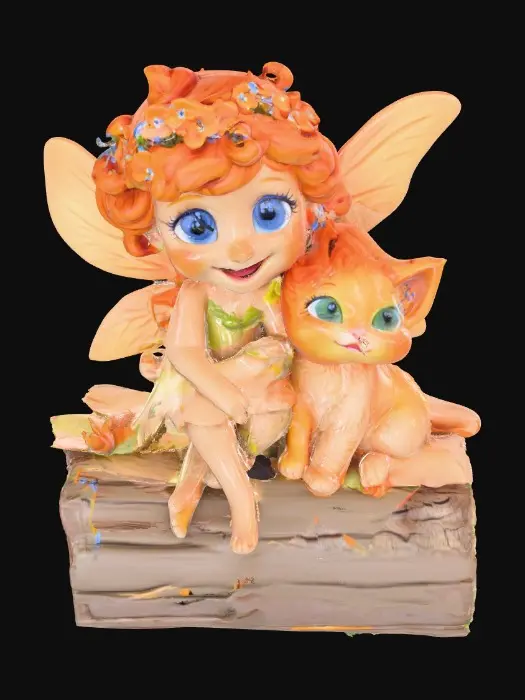 3D model for A 3D clay model of a joyful playful blue eyed flower fairy with an expressive, freckled face, and curly bright orange hair wearing a crown of blue forget-me-not flowers, sitting on a log with a detailed fur, vibrant orange tabby kitten with big round bright green eyes. Both the fairy and the kitten are laughing uncontrollably with wide smiles. Cartoon illustration fairytale style add a round base for the created models