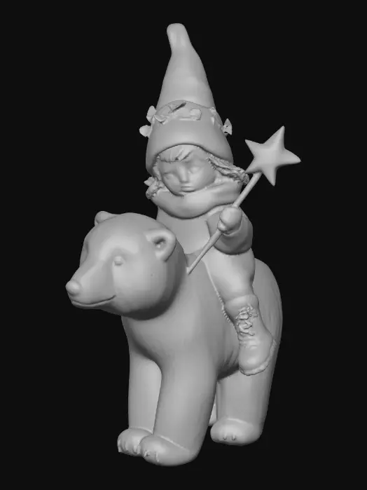 3D model for #Christmas2025#, Winter Whimsy, #Christmas2025# an adorable chibi child dressed in soft pink winter outfit trimmed in white fluffy fur. The small child has a star shapped magic wand and is riding a white chibi polar bear. The gnomes hat is trimmed with a crown of holly leaves.  A very charming scene.