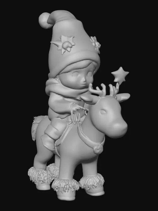 3D model for Winter Whimsy, #Christmas2025# an adorable chibi child dressed in soft pink winter outfit trimmed in white fluffy fur. The small child has a star shapped magic wand and is riding a chibi reindeer wearing sleighbells. The gnomes hat is trimmed with a crown of holly leaves and berries.  A very charming cartooish scene.