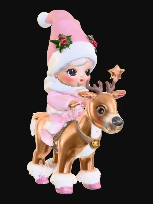 3D model for Winter Whimsy, #Christmas2025# an adorable chibi child dressed in soft pink winter outfit trimmed in white fluffy fur. The small child has a star shapped magic wand and is riding a chibi reindeer wearing sleighbells. The gnomes hat is trimmed with a crown of holly leaves and berries.  A very charming cartooish scene.