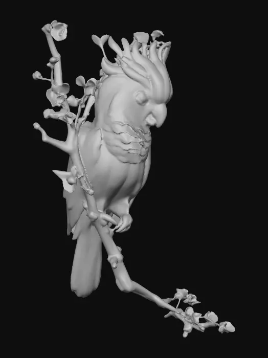 3D model for A precious baby Cockatoo with detailed feather texture is perched on a tree branch adorned with vibrant yellow blossoms. An arching branch extends gracefully above the bird, creating a natural frame.