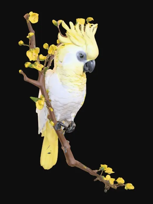 3D model for A precious baby Cockatoo with detailed feather texture is perched on a tree branch adorned with vibrant yellow blossoms. An arching branch extends gracefully above the bird, creating a natural frame.